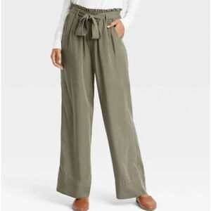 Knox Rose Green Chambray Pull On Paperbag Pants Wide Leg Belted Pockets Size L